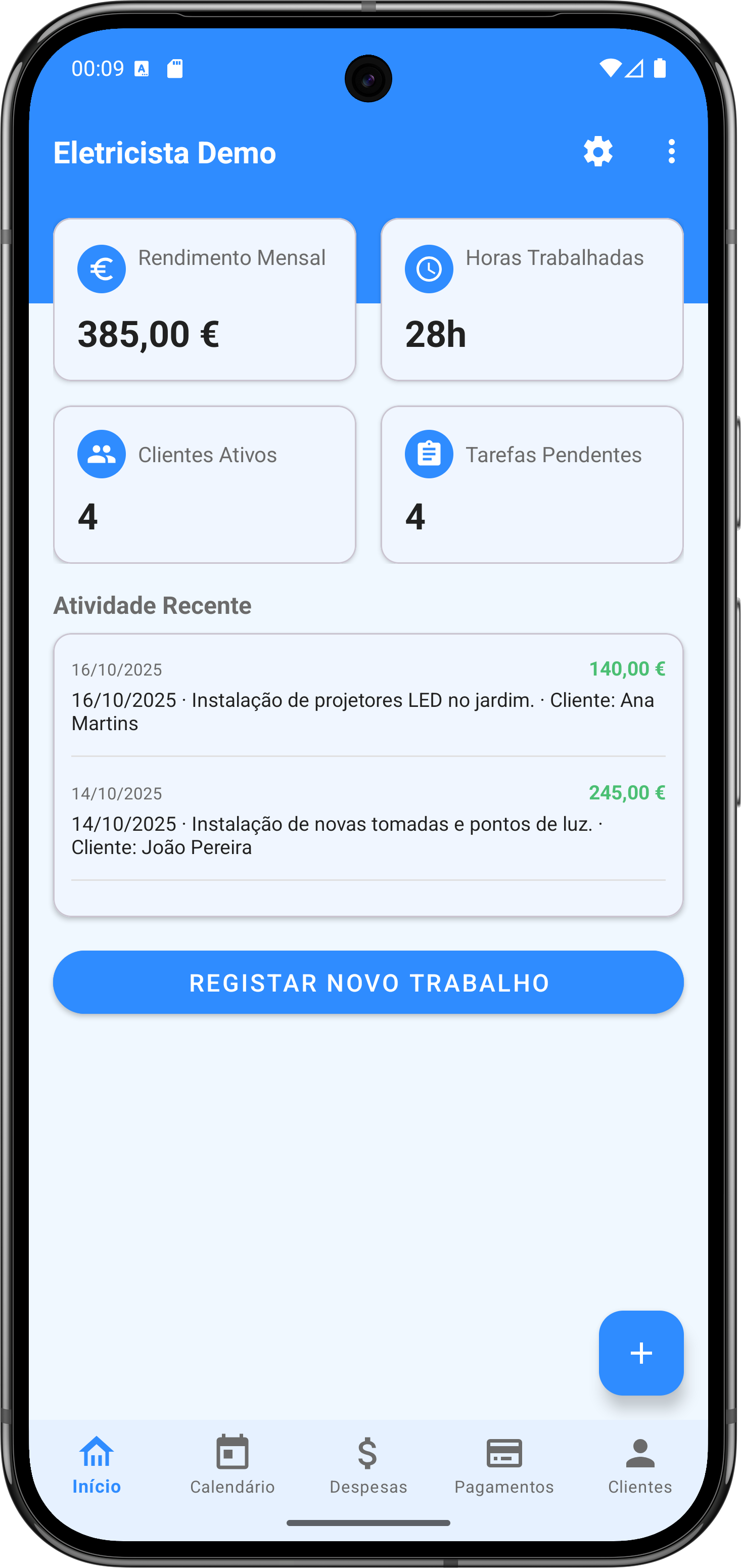 Ecrã Home da TaskChrono com cartões de rendimento, horas e atividade visíveis